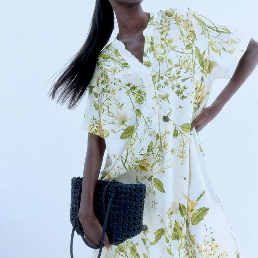 Floral White and Green Tunic Dress